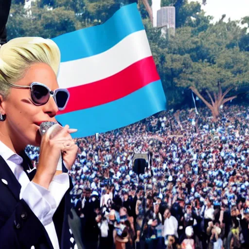 Image similar to Lady Gaga as president, Argentina presidential rally, Argentine flags behind, bokeh, giving a speech, detailed face, Argentina