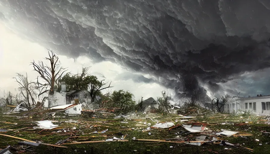 Prompt: white house destroyed by tornado, thunderstorm, rain, debris, black clouds, hyperdetailed, artstation, cgsociety, 8 k