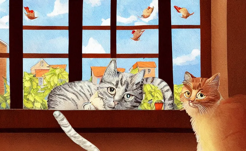 Image similar to cat on window, inside house in village, calm, warm, cozy, digital art, sweet home, cute, naive, detailed