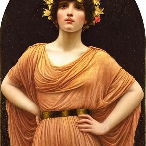 Image similar to the night crown, by John William Godward and Annie Swynnerton, embroidered robes, starry tattoos, elaborate costume, geometric ornament, symbolist, soft colors, dramatic lighting, smooth, sharp focus, extremely detailed