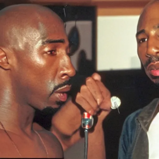 Prompt: 2 pac singing a 2 0 0 0's rock song to a white guy in his house.