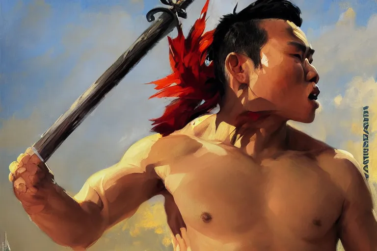 Image similar to greg manchess portrait of a filipino mma fighter with a sword shouting happy, profile picture, organic painting, sunny day, matte painting, bold shapes, hard edges, street art, trending on artstation, by huang guangjian, gil elvgren, ruan jia, randy vargas, greg rutkowski