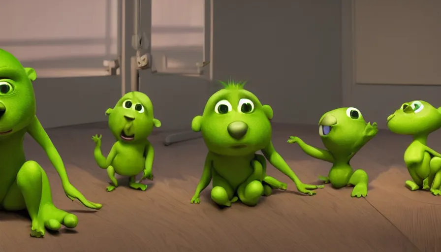 Image similar to very very very cute green baby animals by Max Kostenko and Bobby Chiu, disney, pixar, MPC, Framestore, character design for animation, uplight, a lineup of characters, big disney eyes, symmetrical yellow eyes, cuteness, 3d render, octane rendered, highly detailed, cinematic lightning, rendered by maya and houdini, highly detailed, unreal engine, Trending on Artstation, octane render, 4k, 8k, HD, oil on Canvas by Elena Zhurikhina and Goro Fujita and Charlie Bowater