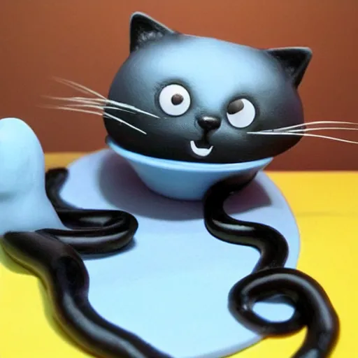 Image similar to a cute cat art of black ink cat slime in form of liquid black cat with tentacles , claymation, Aardman animation