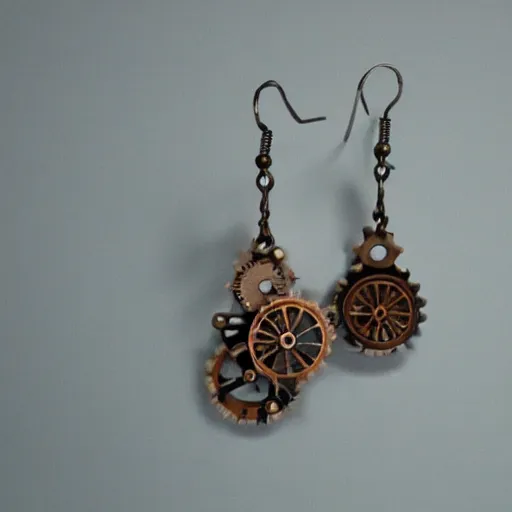 Prompt: Steampunk earring design, polymer clay earrings, product photography, studio photo