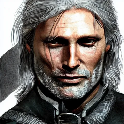 Image similar to mads mikkelsen as geralt from the witcher, portait art, detailed and accurate face