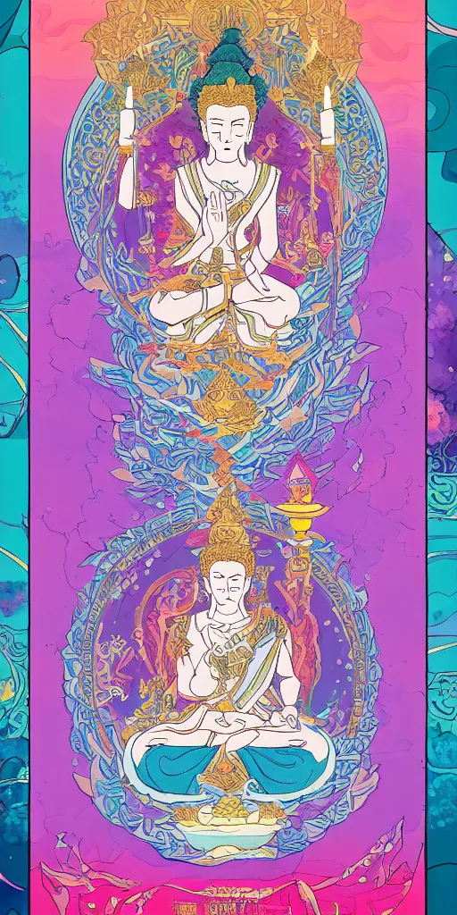 Image similar to buddha sitting on a throne of ice surrounded by lotus flowers drawn by studio trigger, in the style of Little Witch Academia, spiritual enlightenment, tarot card, Tarot card the Hierophant,