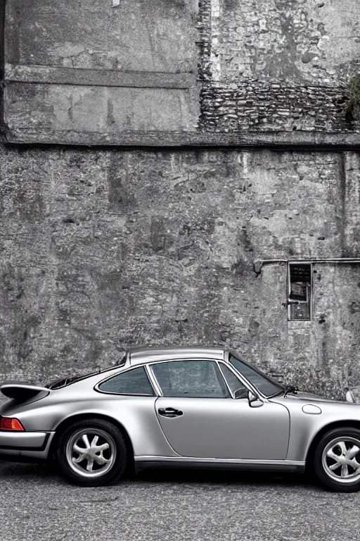 Image similar to Photo of a silver Porsche 911 Carrera 3.2 parked on a dock in Lake Como, daylight, dramatic lighting, award winning, highly detailed, 1980s, luxury lifestyle, fine art print, best selling.