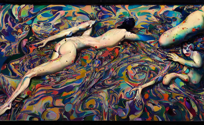 Image similar to decollage painting a multi - colored shot from a stalker movie tarkovsky vibe by adrian ghenie and takato yamamoto and edward hopper and mark ryden and tsutomu nihei, part by bridget riley, acrylic pour and splashing paint, very coherent, baroque elements, perfect anatomy, intricate design. pop art.