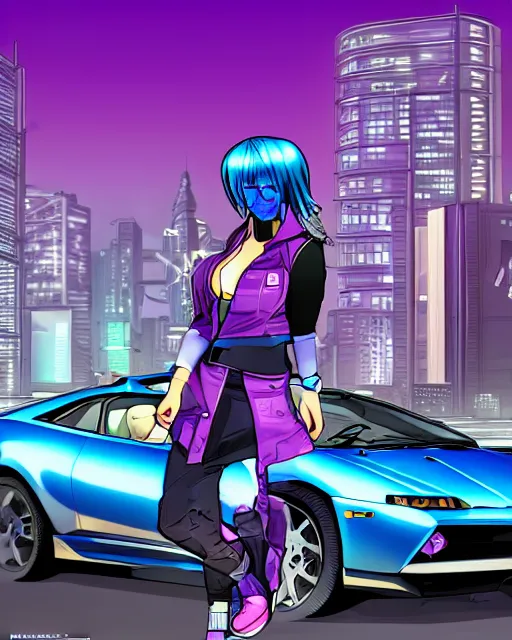 Image similar to cel shaded art of a pretty blue haired girl standing next to a purple lamborghinil, jet grind radio graphics, cyberpunk city street background