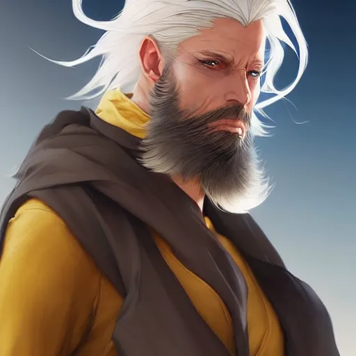 Image similar to a man with stylish white hair,an unusual beard and yellow eyes walking in a desert,character design by charlie bowater, ross tran, artgerm, and makoto shinkai, detailed, inked, western comic book art, 2021 award winning painting,digital art,art by greg rutkowski,photorealistic,highly detailed,hyperdetailed,hyperrealistoc,detailed face,surreal,fantasy,real life