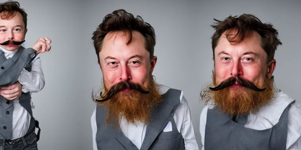 Image similar to toddler elon musk with long mustache and epic beard, 5 0 mm, studio lighting