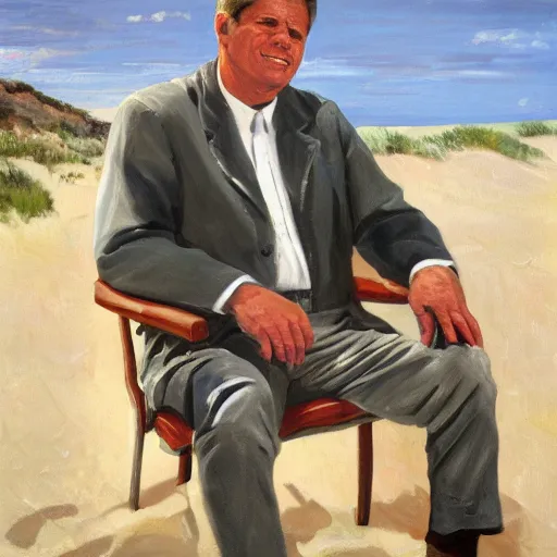 Image similar to portrait of john f kennedy, wrinkled, grey hair, handsome, hawaiian shirt, sitting in chair, landscape of nantucket beach, dunes, ocean, bluff, oil on canvas by william sidney mount - 1 9 8 2, trending on artstation