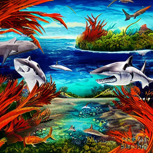 Image similar to ocean shark oasis mountain maori travel, digital art, highly detailted,