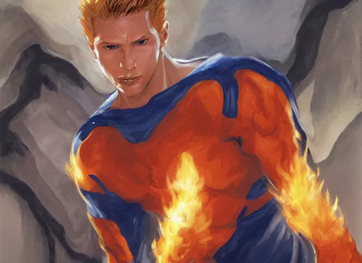 Image similar to a highly detailed beautiful portrait of johnny storm [ fantastic four ] [ human torch ], by gregory manchess, james gurney, james jean