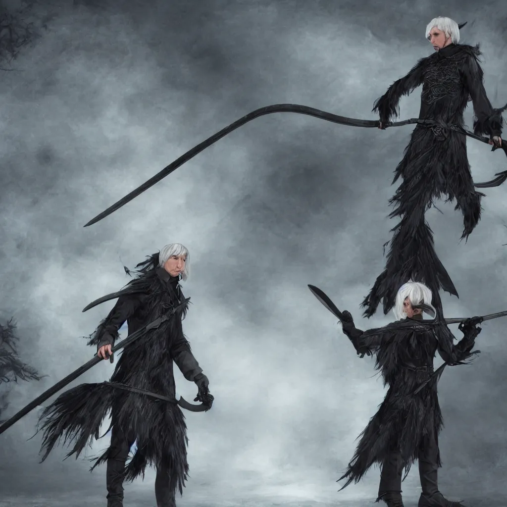 Image similar to A Grey haired caucasian elf, with a long scythe. Dressed in crow feathers, fantasy 8k wallpaper