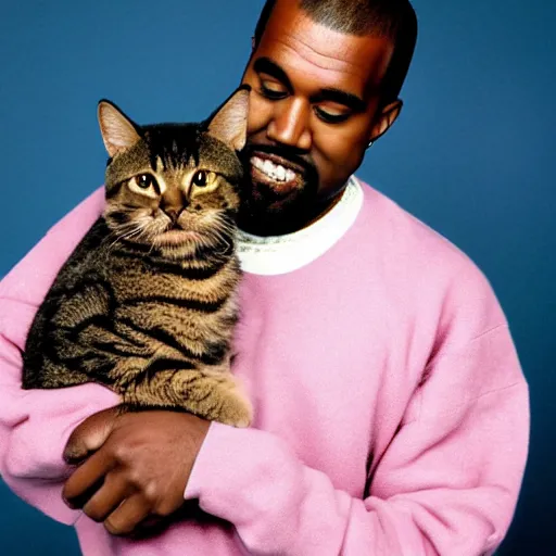 Image similar to Kanye West happy while holding a cat for a 1990s sitcom tv show, Studio Photograph, portrait, very happy C 12.0