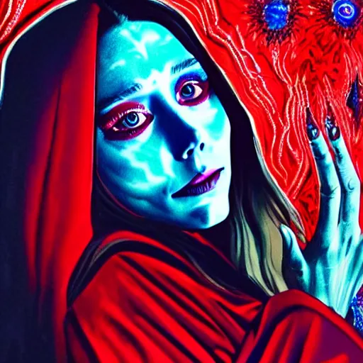 Image similar to a psychedelic full body painting of elizabeth olsen in a red wizards robe casting an evil spell, detailed face, red swirls, ominous lighting, night time, high quality