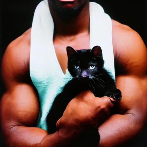 Image similar to photo of muscular black man holding a kitten, kodak portra 4 0 0 color negative film