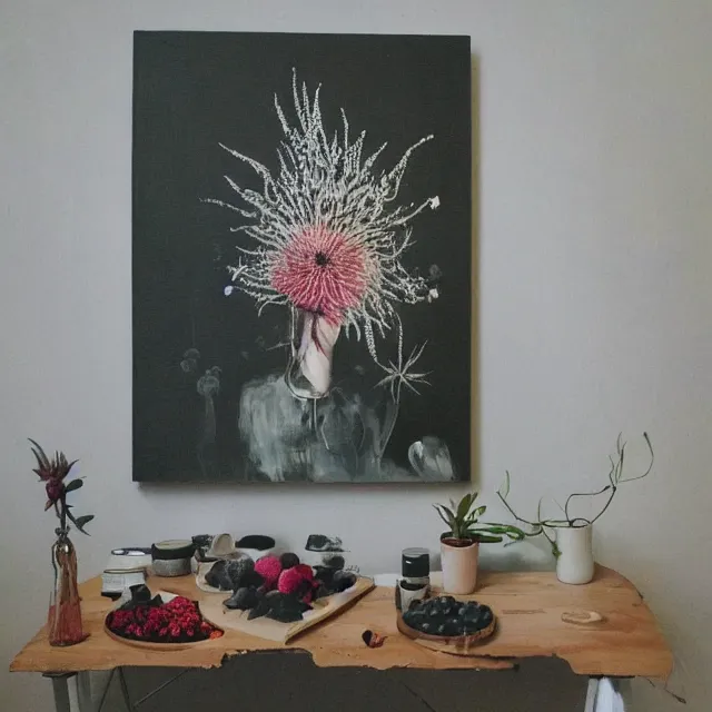 Image similar to “ a portrait in a female art student ’ s apartment, australian wildflowers, sensual, queer woman, flax, flannel flower, bottlebrush, eucalyptus, art supplies, a candle dripping white wax, clay, squashed berries, berry juice drips, acrylic and spray paint and oilstick on canvas, surrealism, neoexpressionism ”