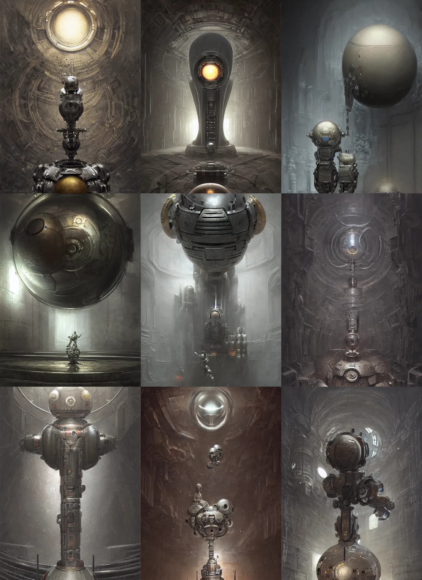 Prompt: steel silver mechanical sphere robot in dark stone room, intricate, elegant, sharp focus, highly detailed, concept art, digital painting, aleksi briclot, rutkowski, beksinski
