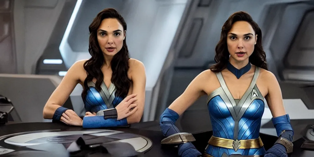 Image similar to Gal Gadot, in full starfleet uniform, is the captain of the starship Enterprise in the new Star Trek movie