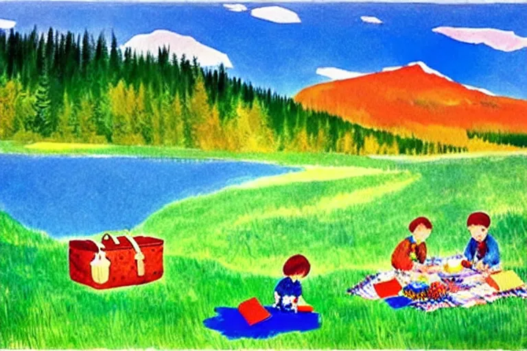 Image similar to ( ( ( ( ( ( ( a beautiful picnic scene in the rocky mountains ) ) ) ) ) ) ) by eric carle!!!!!!!!!!!!!!! detailed,