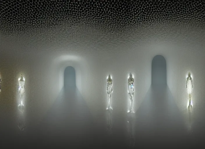 Prompt: distant hooded figures in catacombs, white pearlescent, chrome, iridescent titanium, crystal, liquid gold, copper, bronze biomechanical garment, cinematic, crystalline masterpiece diamond incrustations, hyperdetailed metalwork, in volumetric soft glowing mist, full frame mirrorless sensor, movie still, octane render, pixar, crepuscular rays,