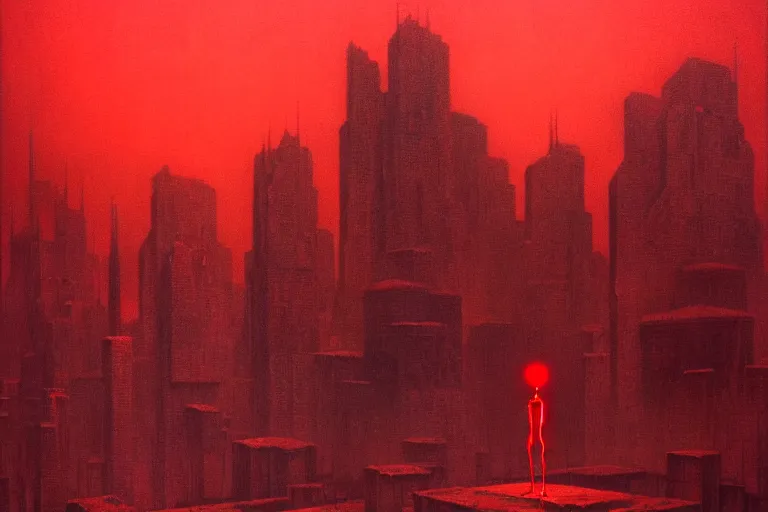 Image similar to only with red, red gif of death eat apple, a futuristic city in the background, an ancient path, in the style of beksinski, part by hopper, part by rodcenko, part by hofbauer, intricate composition, red by caravaggio, insanely quality, highly detailed, masterpiece, red light, artstation, 8 k