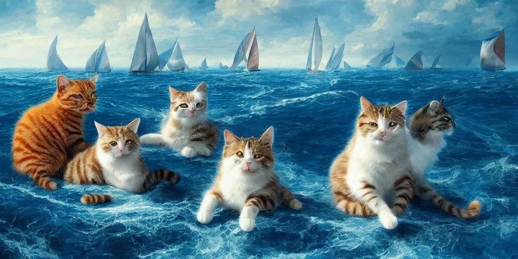 Image similar to Several cats sailing over a blue ocean, Darek Zabrocki, Karlkka, Jayison Devadas, Phuoc Quan, trending on Artstation, 8K, ultra wide angle, pincushion lens effect.