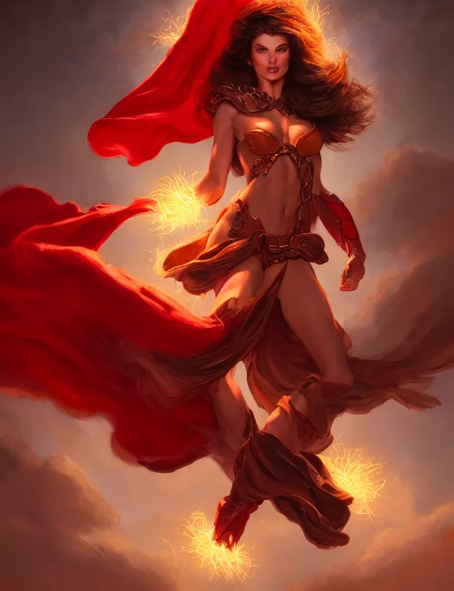 Image similar to a brown - haired woman with a red cape hovering in the air glowing with red light and crackling energy, by frank fazetta and peter mohrbacher, trending on artstation, digital art, 4 k resolution, detailed, high quality, sharp focus, hq artwork, coherent, insane detail, concept art, character concept, character full body portrait