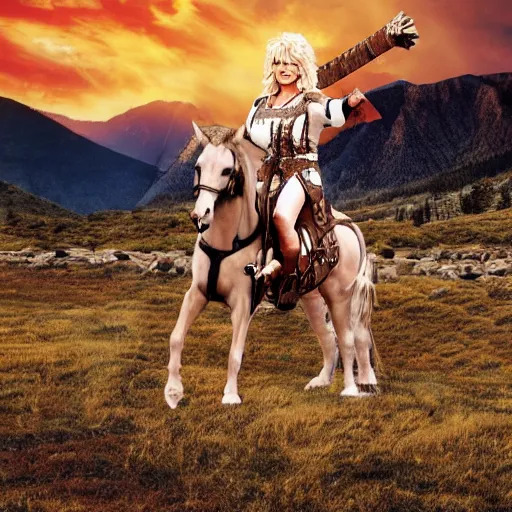 Image similar to Dolly Parton as a leading warrior, wearing Spartan leather armor, cinematic, photography, promotional advertising, rocky mountain range, sunset background