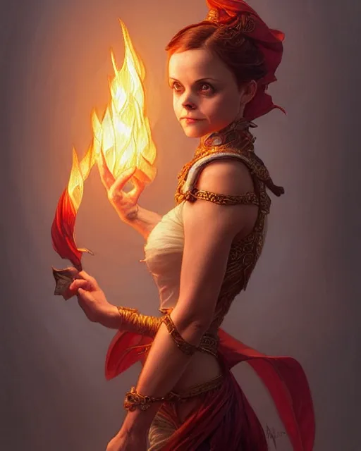 Prompt: Christina Ricci (2000) casting a fire spell, D&D, fantasy, intricate, elegant, highly detailed, digital painting, artstation, concept art, matte, sharp focus, illustration, hearthstone, art by Artgerm and Greg Rutkowski and Alphonse Mucha