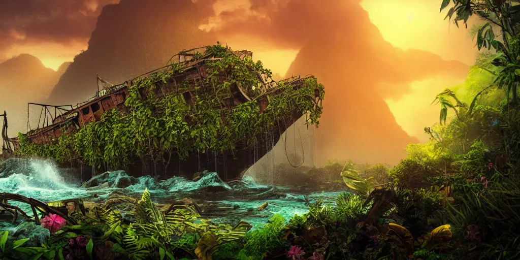 Image similar to a rusty shipwreck in a prehistoric jungle, lush flora, waterfall, towering mountains, flowers, vines, sunset, hazy, volumetric lighting, rtx on, washed out dark colors, an award - winning digital render, beautiful, stunning, ultradetailed, great composition