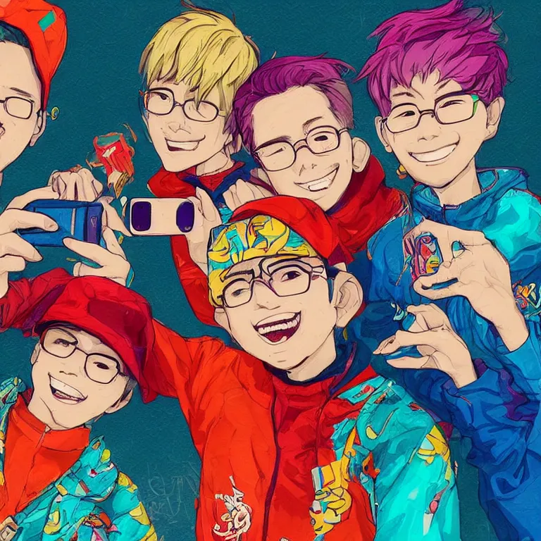 Prompt: a detailed colorful illustration of three ( b boys ) posing for a selfie by timothy kong and mitsumayo, trending on artstation