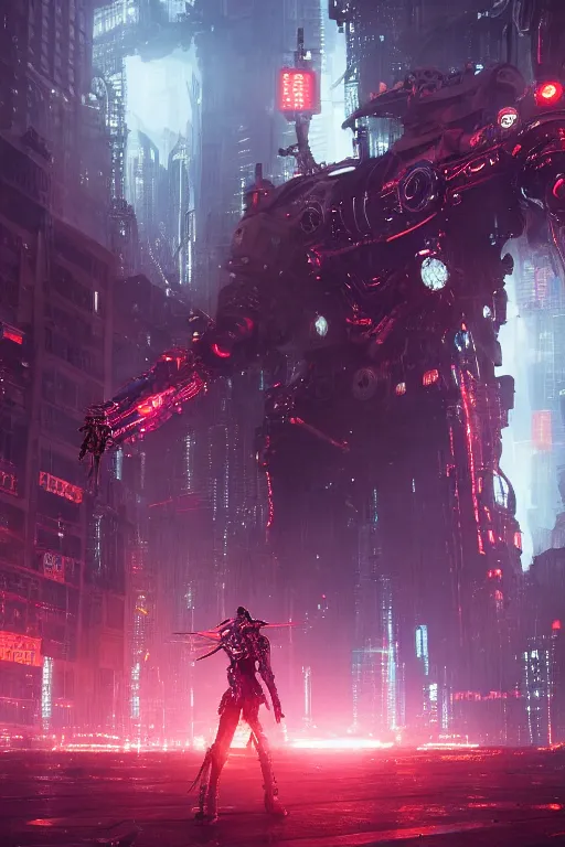 Prompt: a portrait of a giant neon robot in the middle of a massive mechanical city by greg rutkowski, sung choi, mitchell mohrhauser, maciej kuciara, johnson ting, maxim verehin, peter konig, bloodborne, 8 k photorealistic, cinematic lighting, hd, high details, dramatic, dark atmosphere, trending on artstation