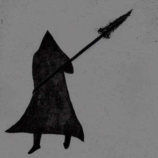 Image similar to a black figure in a grey cloak holding his black spear up to the sky, Digital art