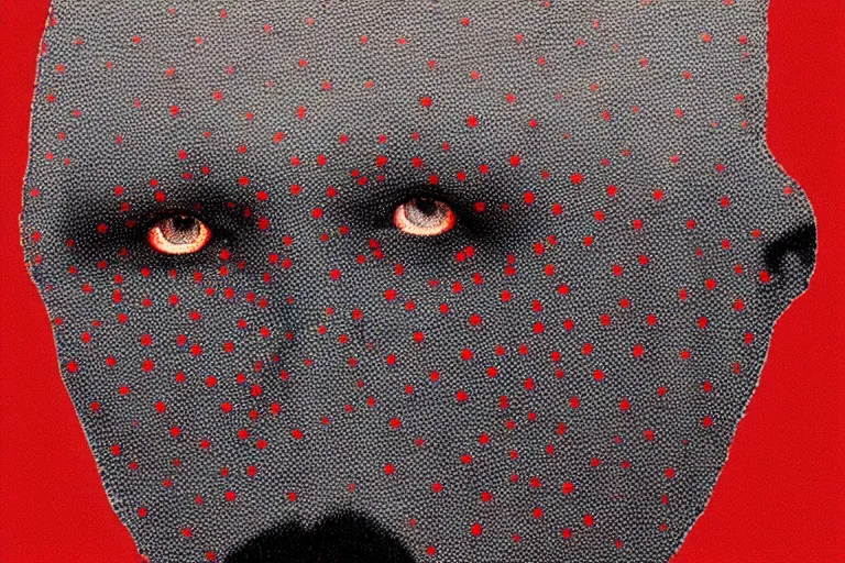 Image similar to face made out of mist, faceless people dark, dots, drip, stipple, pointillism, technical, abstract, minimal, style of francis bacon, asymmetry, pulled apart, cloak, hooded figure, made of dots, abstract, balaclava, red dots