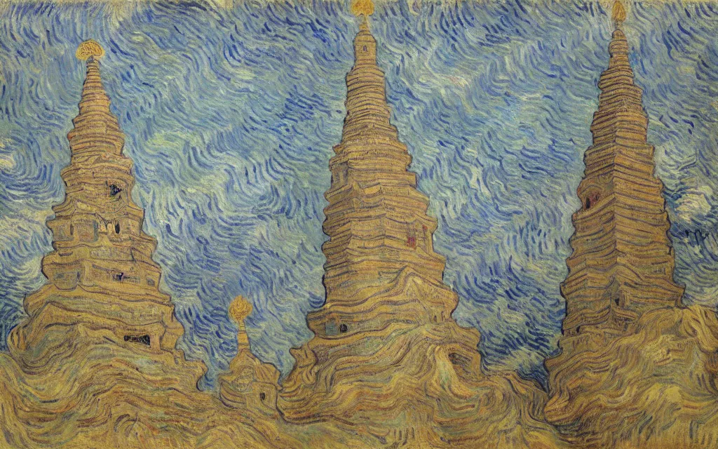 Image similar to twin chinese buddhist pagodas made of stone in a beautiful chinese landscape by vincent van gogh