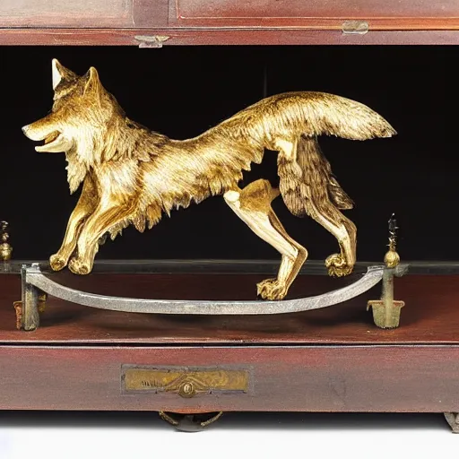 Image similar to 19th century mechanical automata depicting a wolf in a workshop, gold and silver