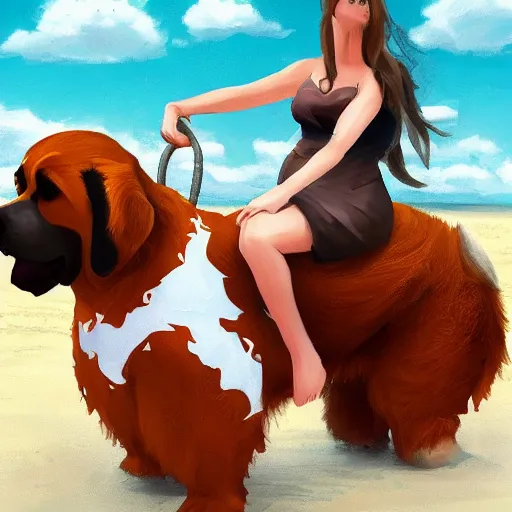 Prompt: girl riding a giant saint Bernard at the beach, trending on artstation