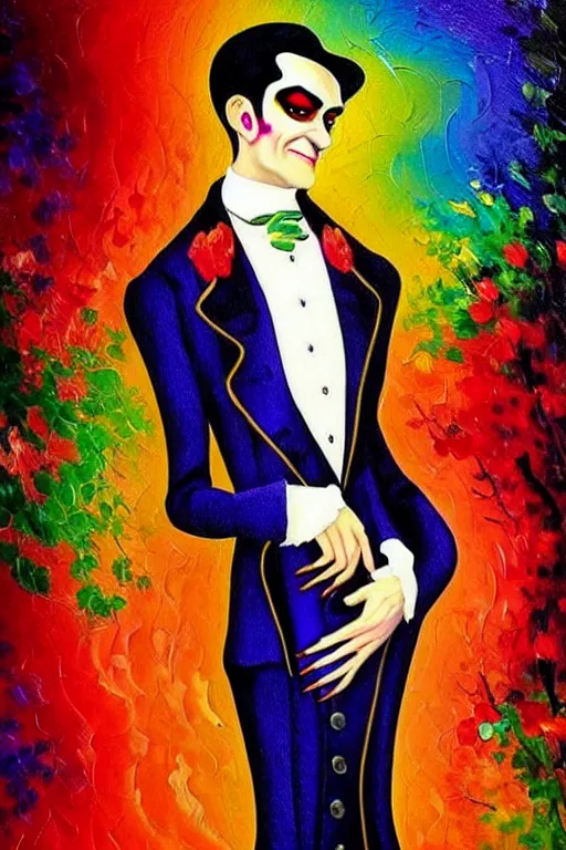 Prompt: impressionist brushstrokes!!!! lisa frank and bosch victorian loose genre loose painting full length portrait painting of a victorian vampire