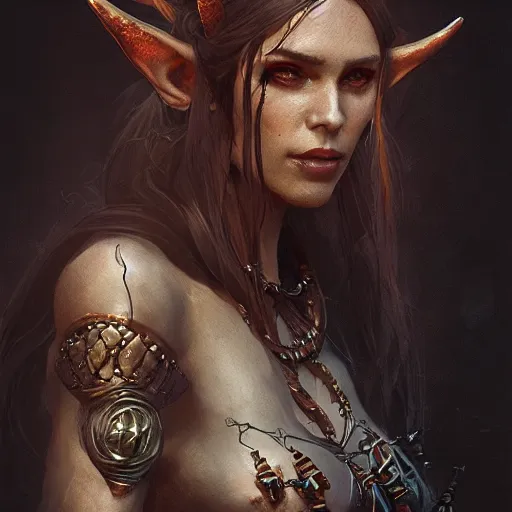 Image similar to portrait of an elven woman with small copper devil horns and copper scales covering her arm and neck, by greg rutkowski, trending on artstation, dungeon and dragons art