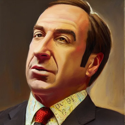 Prompt: an oil painting of saul goodman dressed as a businessman, pastel, art masterpiece, museum, on display