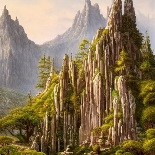 Prompt: A beautiful and highly detailed oil painting of an elven temple in the mountains, detailed trees and cliffs, intricate details, rivendell, 8k, sharp focus, hyper realism, by Caspar Friedrich,