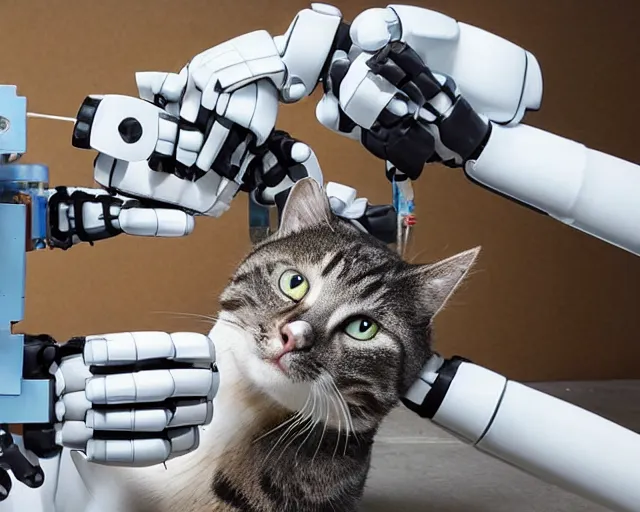 Prompt: Cat robot opened up for repairs, award-winning photograph for science magazine