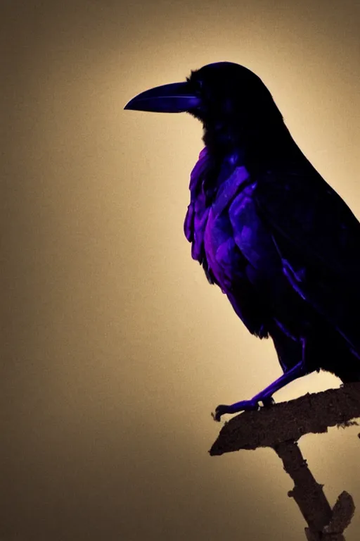 Image similar to beautiful raven standing in a shadow of the soft deep purple light of lantern, mystery, mysterious, soft dark muted colors, simple shapes, golden ratio, perfect composition, dramatic, medium close - up ( mcu ), cannon ef, 5 0 mm, f / 2. 8