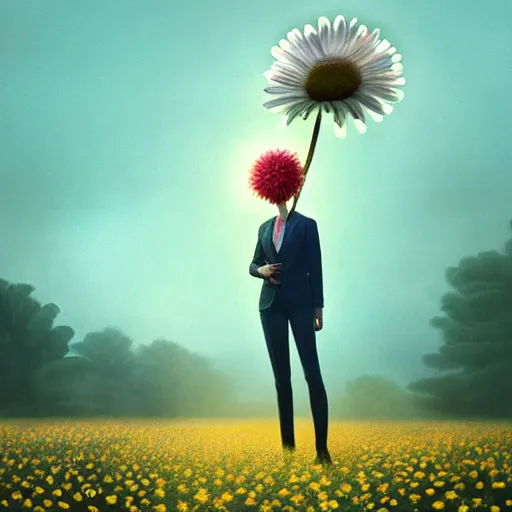 Image similar to giant daisies flower head, frontal, girl in a suit, surreal photography, sunrise, dramatic light, impressionist painting, digital painting, artstation, simon stalenhag