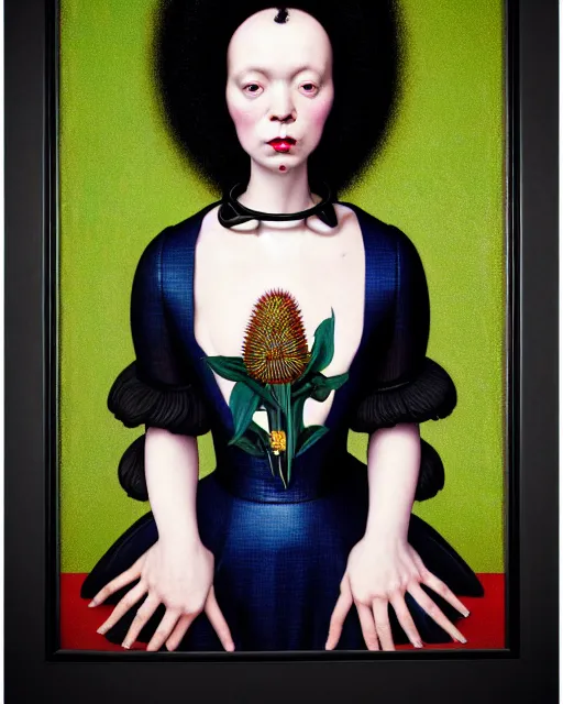 Image similar to symmetrical portrait of a woman with blue frizzy hair, wearing a high collar black dress by alexander mcqueen, and metallic platform shoes, standing in a botanical garden, bjork aesthetic, masterpiece, in the style of rogier van der weyden and jacopo da pontormo, by mark ryden, punk, asian art