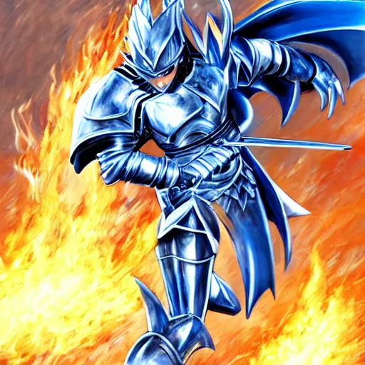 Prompt: fantasy knight driving car, blue armor, golden sword, dragon attacking with fire, Yusuke Murata